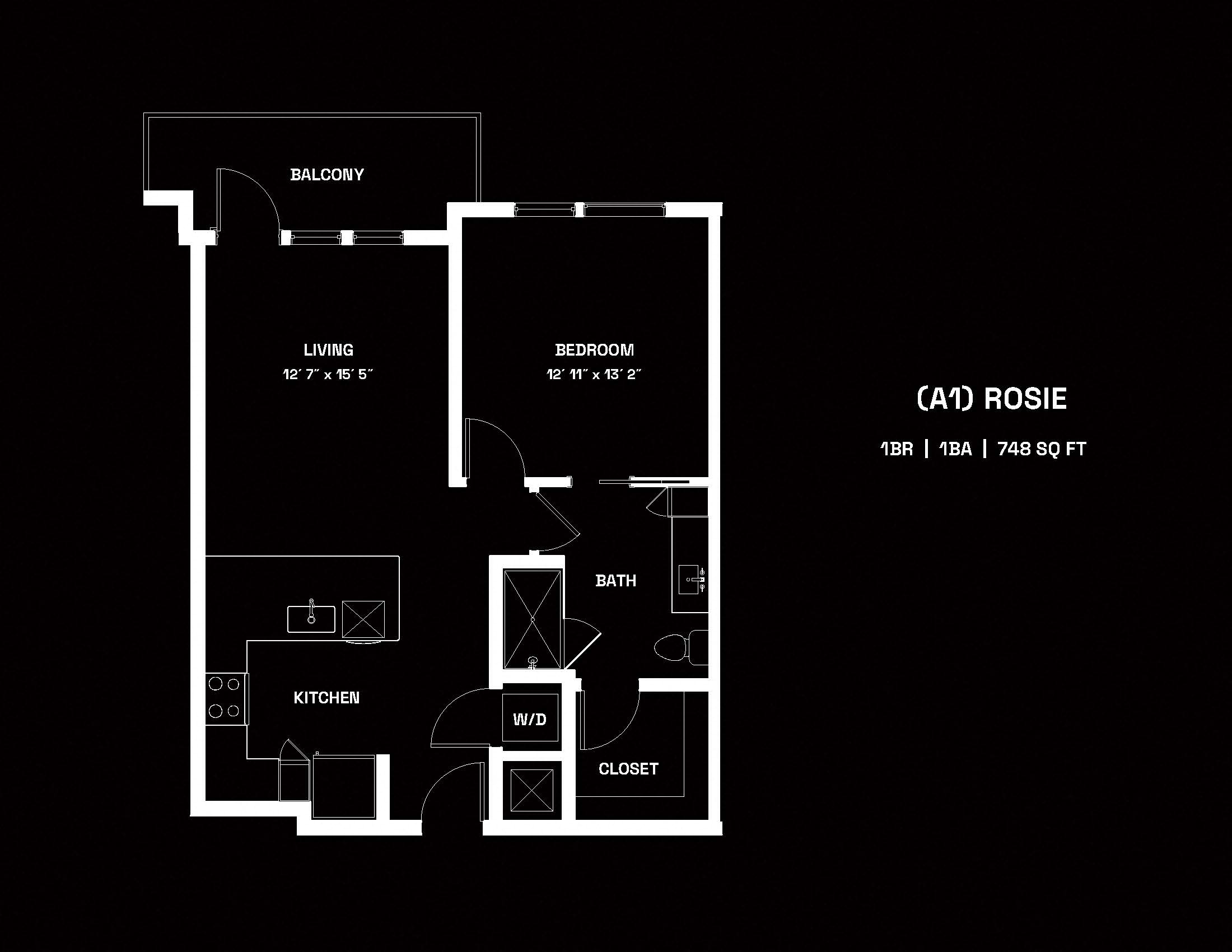 Floor plan for 1 bed, 1 bath, 748 sqft